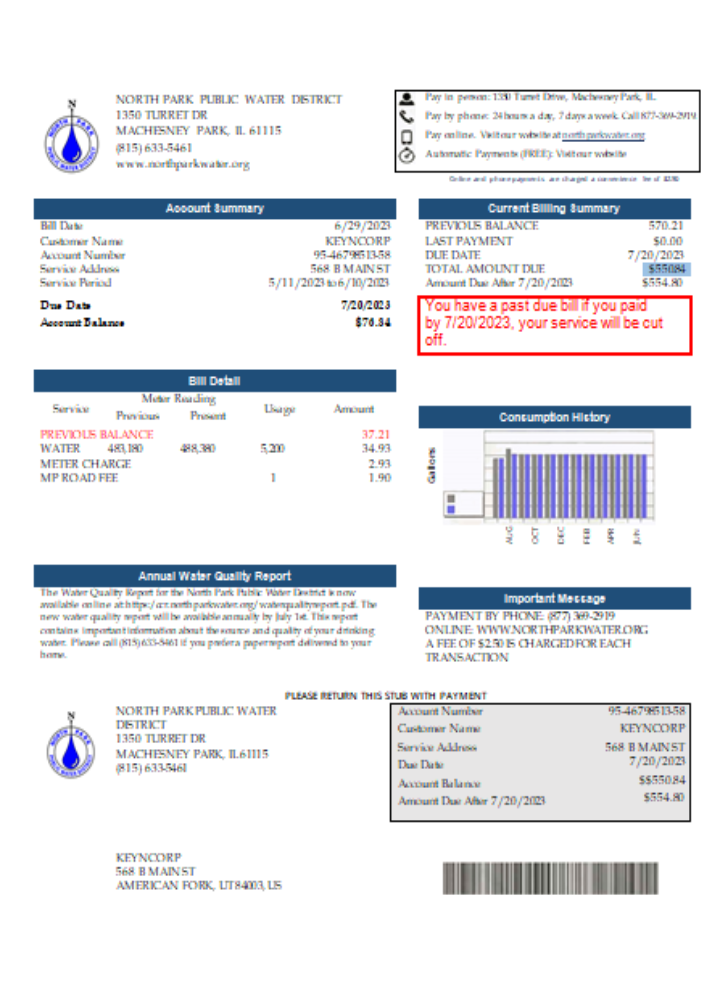 Illinois North Park Public Water District IL utility business bill,  SCR PSD template